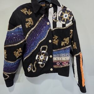 Rare MODI Denim Colorful Vintage Sequence Jacket Medium Anchors Nautical Jean